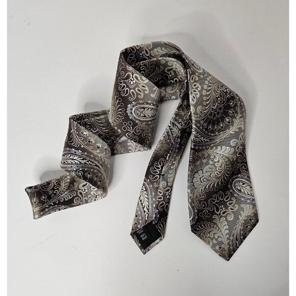 Van Heusen Mens Tie Silver Paisley Pattern Grey Brown Silver Necktie 100% Silk - Picture 1 of 7